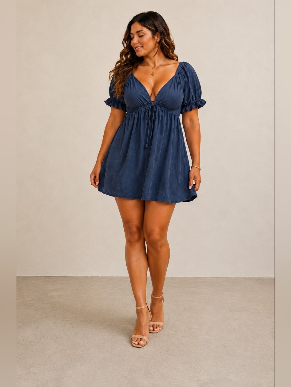 Navy Puff-Sleeve V-Neck Women’s Dress